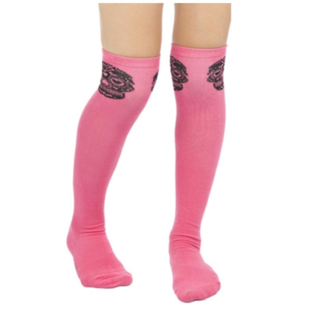 Pink & Black Sugar Skull Muerte Thigh High Socks